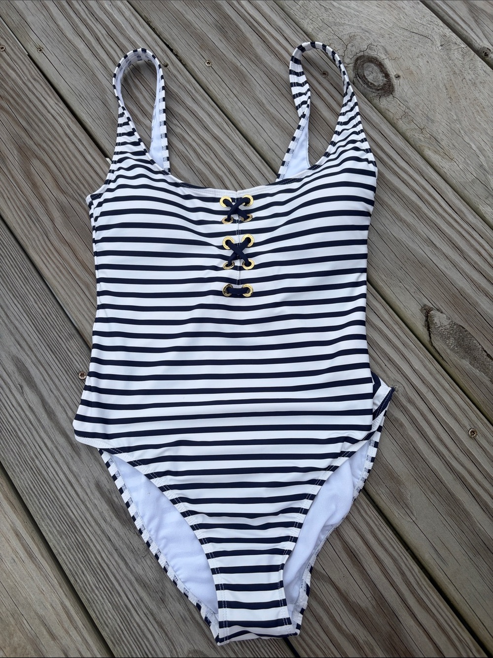Ralph Lauren Navy & White Striped Lace-Up One-Piece Swimsuit